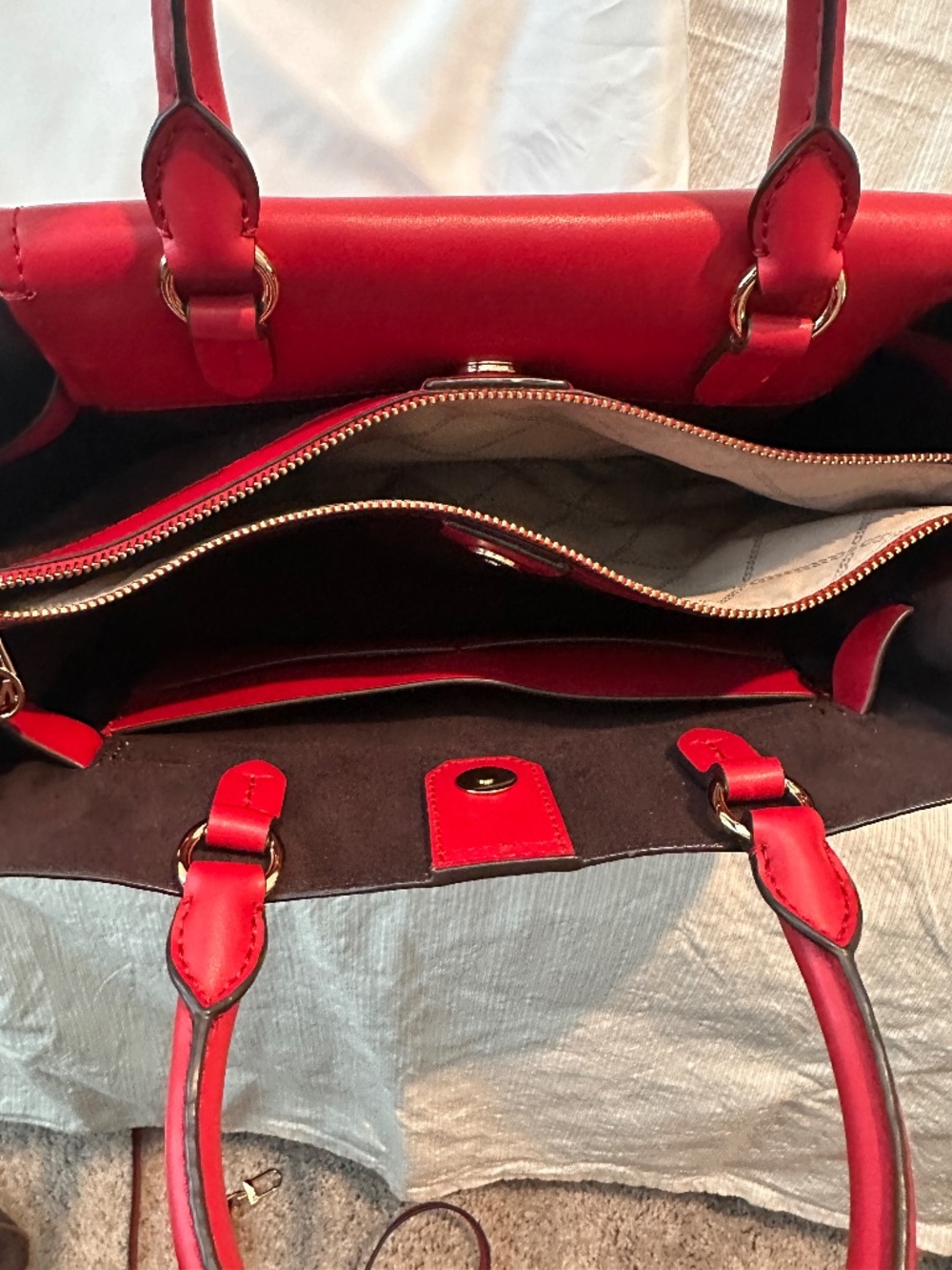 Michael Kors Hamilton Legacy Large Leather Satchel Tote Red Gold Lock Crossbody - Picture 5 of 6